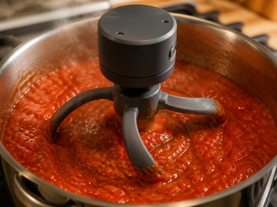 Detalle del AutoMix mezclando salsa de tomate en una olla de acero